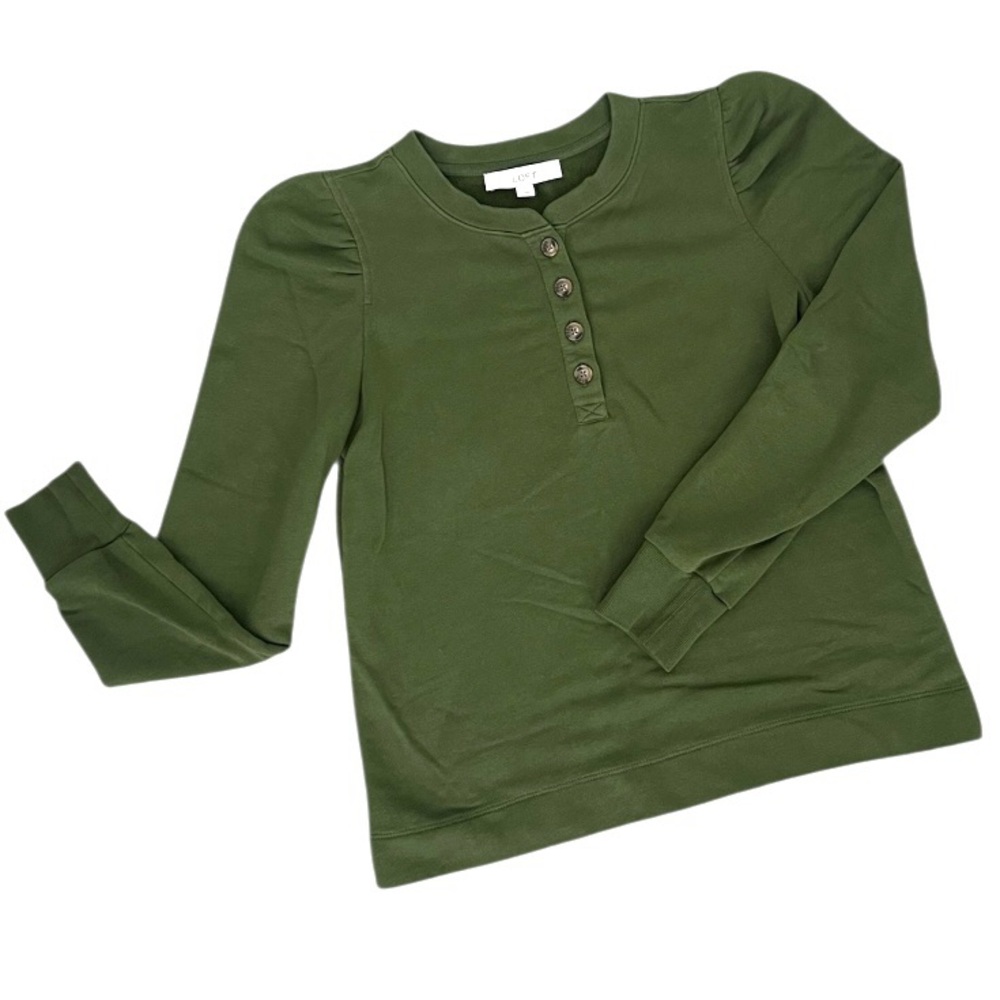 LOFT Olive Button-Up Shirt with puff sleeve